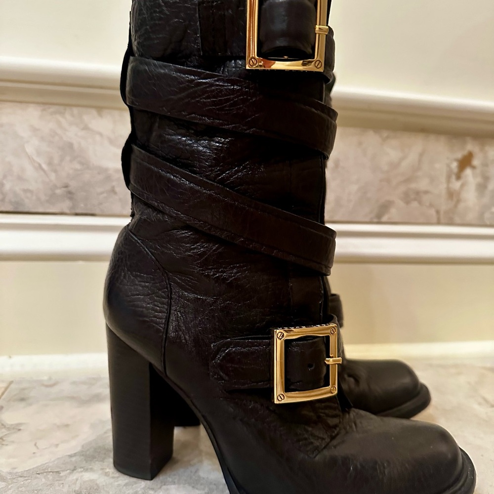 Tory Burch Black Heeled Boots with Buckle Accents